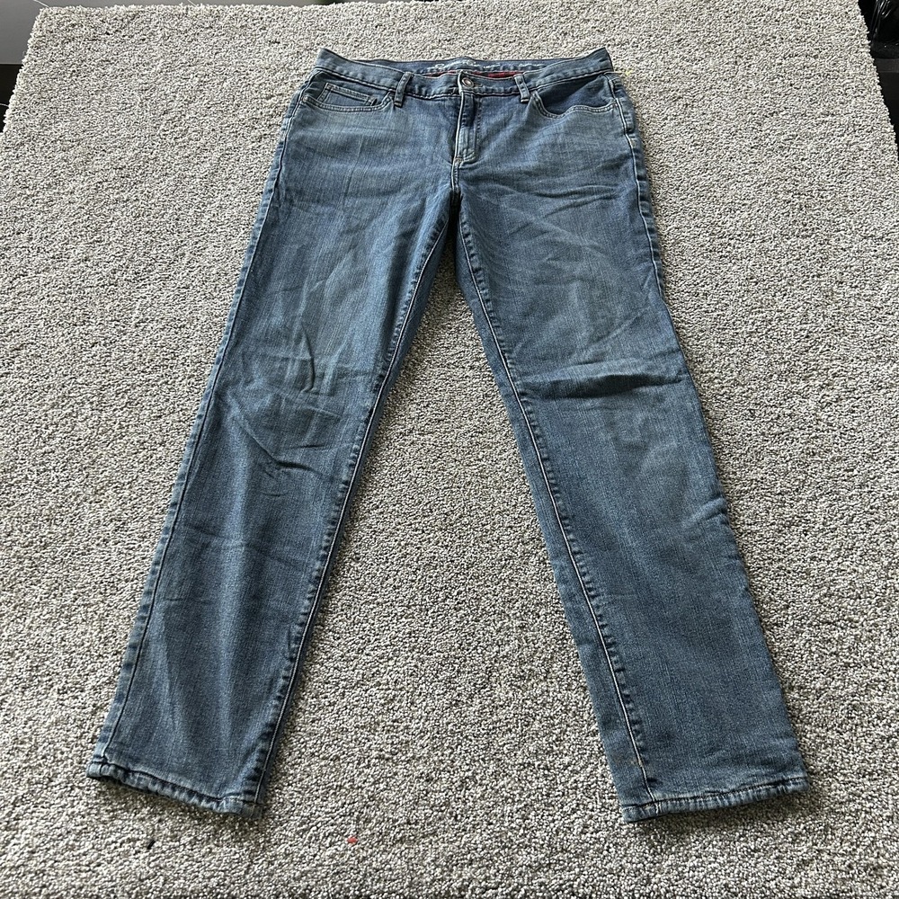 Eddie Bauer Boyfriend Jeans Womens 8 Med Wash Blue Flannel Lined Stretch Denim